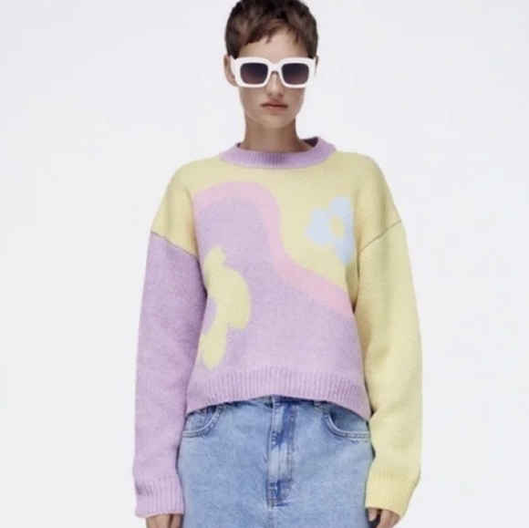 Zara Sweaters - Zara groovy Y2K glittery cotton sweater ying yang flowers medium